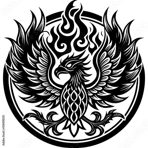 Striking phoenix design showcases fiery spirit and rebirth, ideal for symbolic branding, heraldry, or distinctive avian emblems.