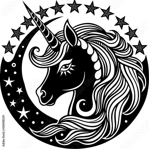 A celestial unicorn artwork with stars, offering a mystical, elegant design for fantasy themes or magical branding applications.