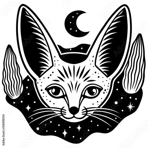 Mystical fennec fox design showcases a celestial moon and starry nightscape, suitable for logos, prints and enchanting art creations.