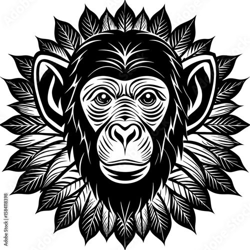 Striking chimpanzee graphic with foliate design elements, perfect for bold logo concepts or unique animal-themed artistic projects.