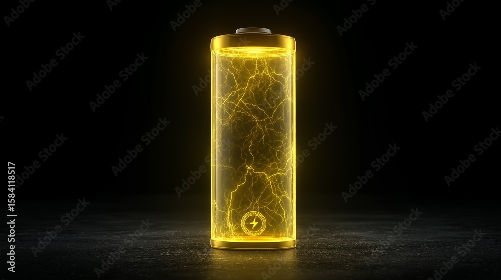 A battery charged in yellow. A battery full of electricity. AI generated. A battery charged in yellow. A battery full of electricity. AI generated.