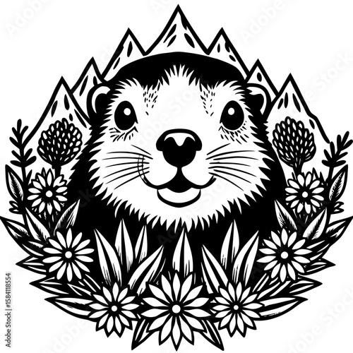 Charming marmot graphic with mountain peaks and floral elements, ideal for nature-themed logos, badges, or whimsical designs.