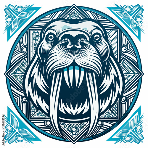 Detailed walrus graphic in a symmetrical geometric design, suitable for marine life projects and decorative applications with a stylish, clean presentation.