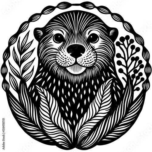 Charming otter with foliage, a whimsical monochrome emblem perfect for nature-themed brands, children's book designs, and ecological projects.
