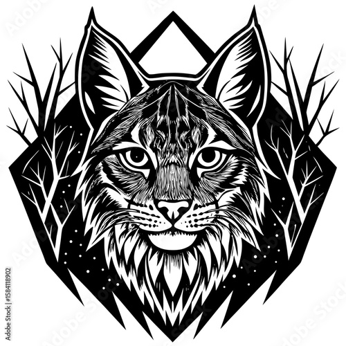 Detailed feline design featuring a bobcat head in black and white, suitable for branding or wildlife-themed creative projects.
