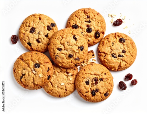 Galletas de avena y pasas doradas y amontonadas sobre fondo blanco con iluminación profesional