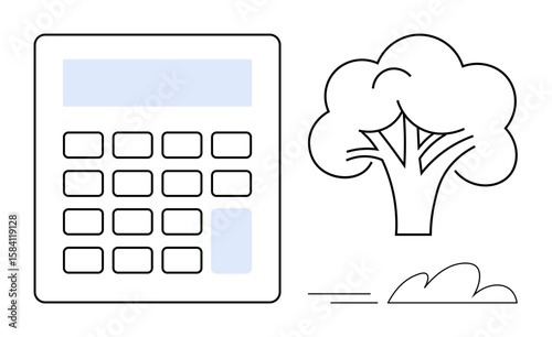Simplistic calculator beside a tree with leaves and grass suggesting balance between finances, environment, and growth. Ideal for sustainability, ecology, finance, minimalism, balance, calculation