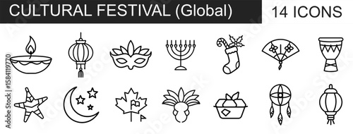 A set of 14 linear icons representing various global cultural festivals and celebrations, featuring diverse traditional symbols and items.