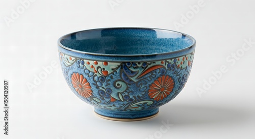 Wallpaper Mural Beautifully Crafted Blue Ceramic Bowl Adorned with Intricate Orange and Teal Floral Patterns Isolated on a White Background Torontodigital.ca