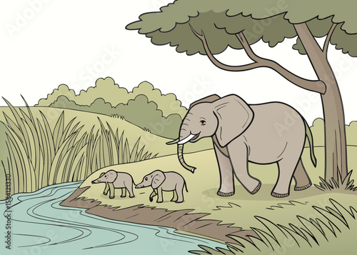 A mother elephant and her two calves walk near a river under a large tree