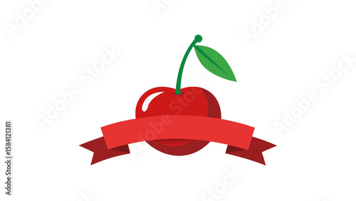 Red cherry with green leaf and ribbon banner on black background