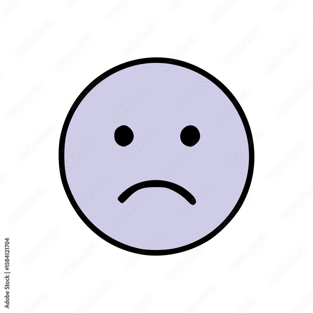 Fototapeta premium Flat vector of unhappy emotion icon with lilac face, simple black facial features, on white background