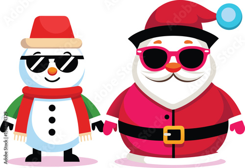 Cool Santa Claus and Snowman holding hands wearing sunglasses illustration