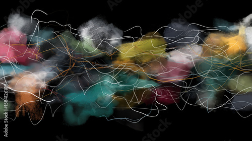 ADHD attention treatment. Hyperactivity therapy. Impulsivity school. Focus mental health. Artistic swirl depicting chaotic thoughts and transformation in abstract style.