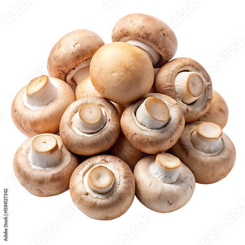 A pile of raw button mushrooms with brown caps and white stems isolated on a transparent background food