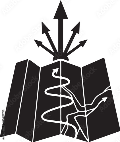 Black and White Icon Depicting a Map and Arrows Emanating from the Top Symbolizing Exploration and Strategic Direction Forward