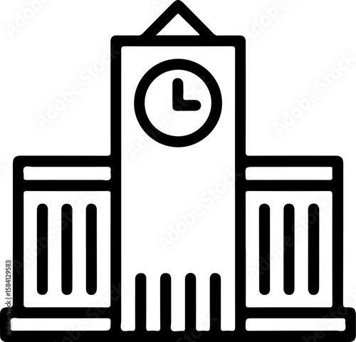 Stylized outline of a clock tower with flanking buildings and a peaked roof