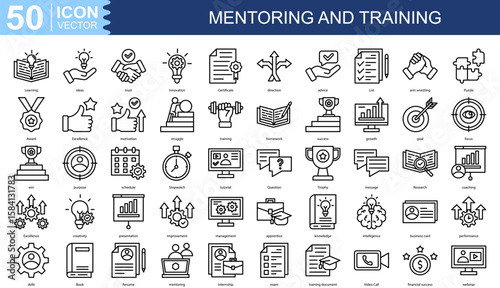 Mentoring and Training icon collection set. Containing Learning, ideas, trust, innovation, Certificate, direction icon