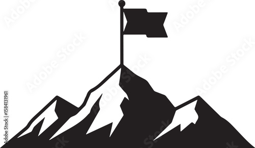 A triumphant peak, a flag proudly waving atop the summit of a majestic mountain, a symbol of achievement and adventurous spirit