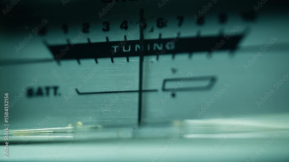 Closeup radio tuner scale with numeric frequency indicators and word tuning