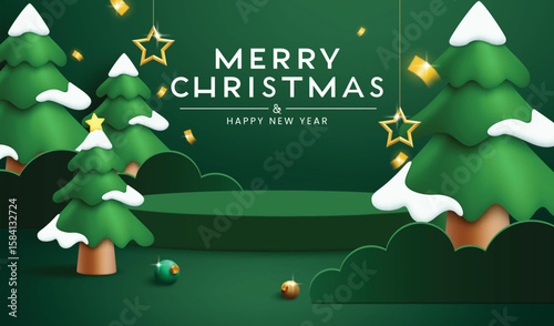 Merry Christmas greeting clipart background design. Christmas and New year podium clipart with paper cut and snowy pine tree elements in green background for xmas holiday product display banner design
