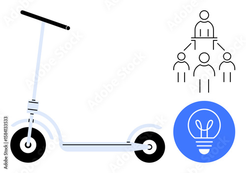 Electric scooter alongside a hierarchical organizational chart and a blue bulb design, representing mobility, teamwork, and innovation. Ideal for technology, teamwork, leadership, urban transit