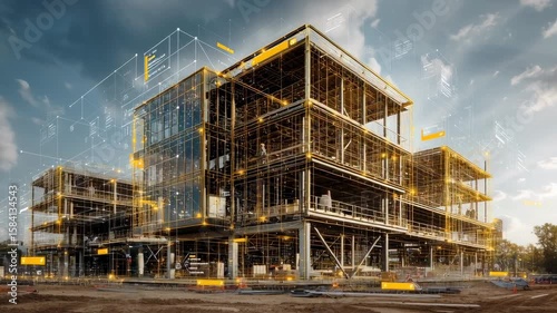 modern building under construction with augmented reality elements overlaying structural data