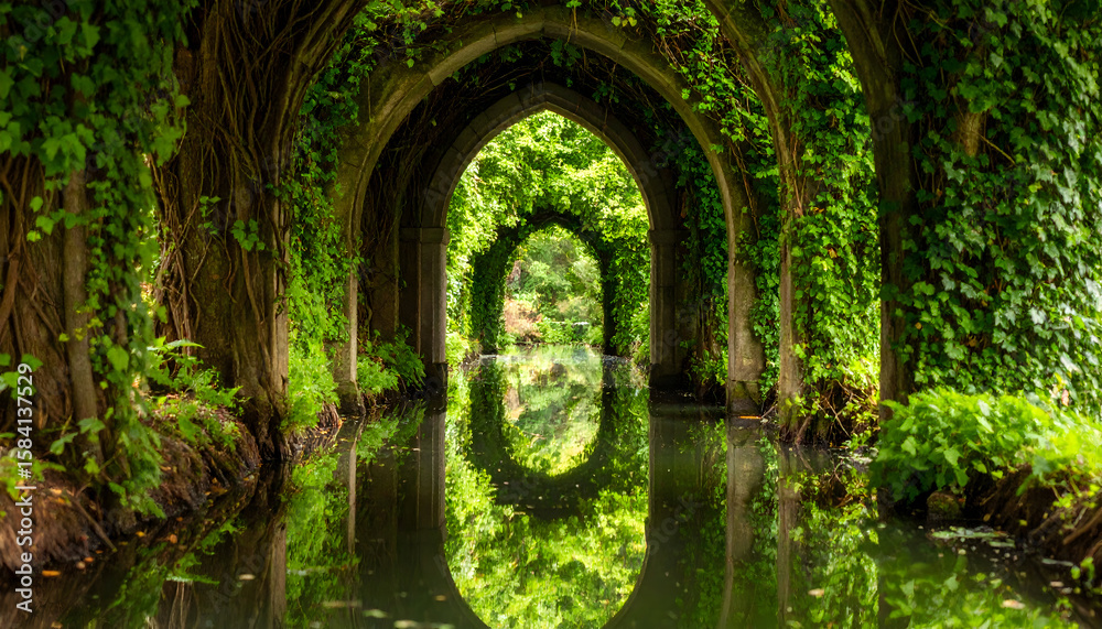 Obraz premium Overgrown Stone Archway with Water Reflection