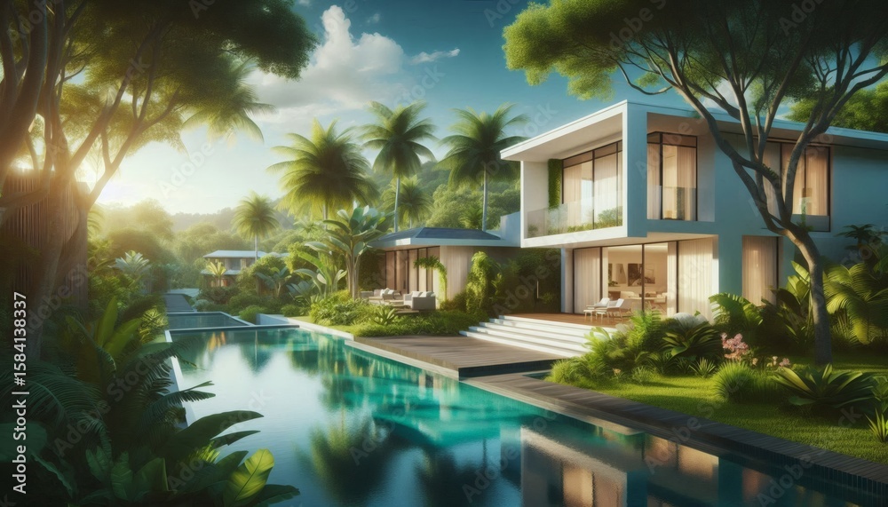 Fototapeta premium Luxury Modern Villa with Pool and Palm Trees
