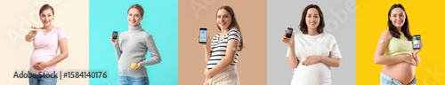 Set of pregnant women with diabetes on color background