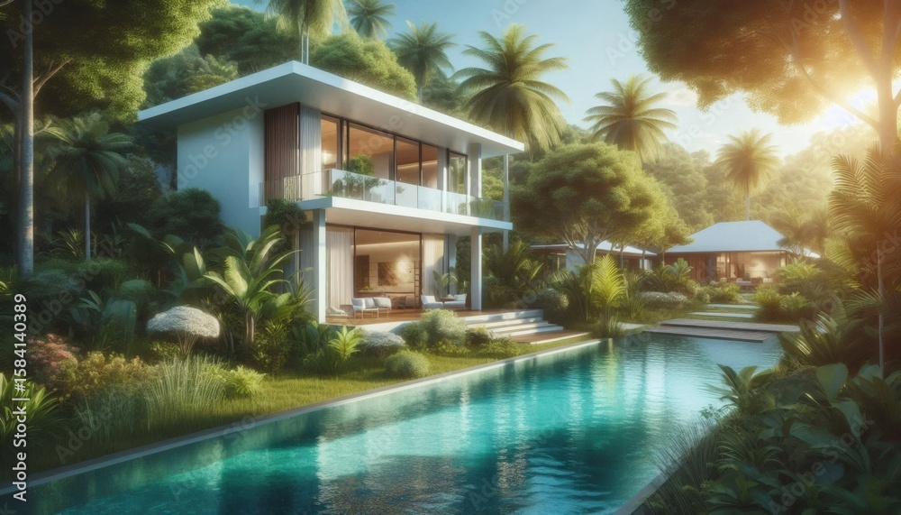 Fototapeta premium Luxury Modern Villa with Pool and Palm Trees