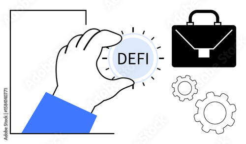 Hand holding DeFi token with accompanying briefcase and gears. Ideal for blockchain, finance, technology, innovation, investment, fintech, start-ups, and simple landing page