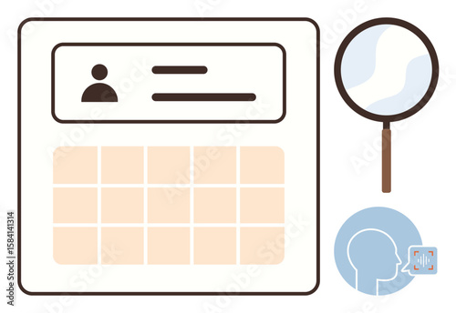 User profile panel with calendar grid, magnifying glass, and voice recognition illustration. Ideal for data analysis, user profiling, scheduling, research, organization, AI simple flat metaphor