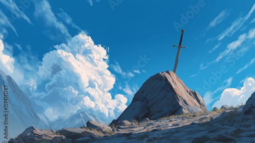 Excalibur. The story of legend. The legend of the knight king. AI generation.