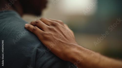 Grief and support. comforting hand is gently placed on shoulder, providing solace and empathy in moment of vulnerability and connection