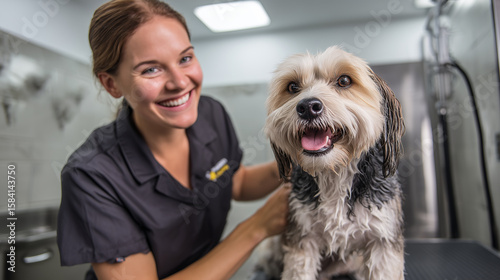 Groomer brushing dog with care makes dog so happy and relaxed. She expertly handles dog during grooming, displaying passion for pet care