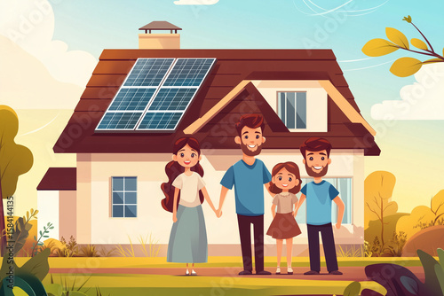 Family standing on backyard with modern home with solar panel. Sustainable lifestyle, clean power, renewable resource.