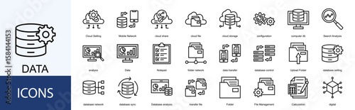 data icon collection set. Containing Cloud Setting, Mobile Network, cloud share, cloud file, cloud storage, configuration icon