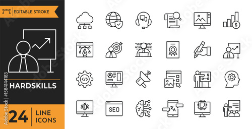 Hardskills icon set. Containing Accounting, coaching, data mining, cloud computing, copywriting, career progress, software, cyber security, and more. Editable stroke. Vector illustration