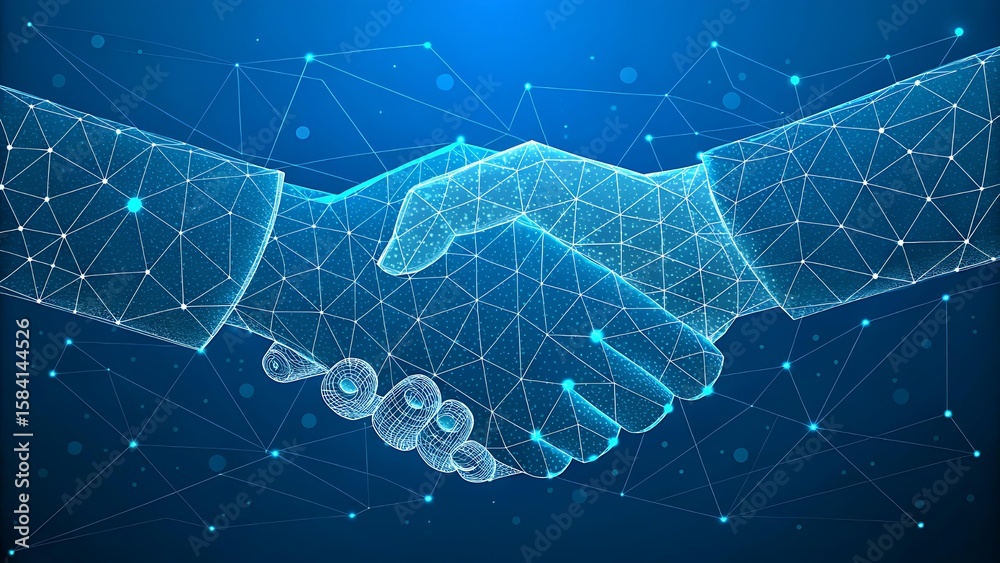 Obraz premium Futuristic digital handshake composed of polygonal lines, dots, and triangles on a blue tech background – modern 3D vector illustration symbolizing connection, partnership, and digital collaboration i
