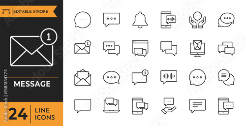 Message icon set. Contain icons related to mail, email, postal letter and more. 