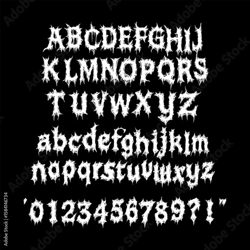 complete set of gothic-style alphabet characters, numerals, and punctuation marks designed in a sharp, thorny, black metal aesthetic. hand drawing vector isolated on black background.
