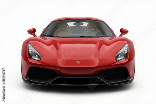 Red sports car studio shot, front view, white background, automotive advertising