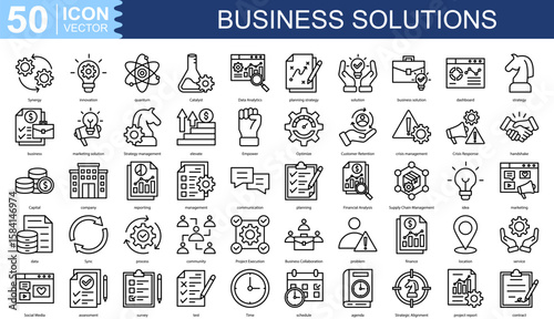 Business Solutions icon collection set. Containing Synergy, innovation, quantum, Catalyst, Data Analytics, planning strategy, solution icon