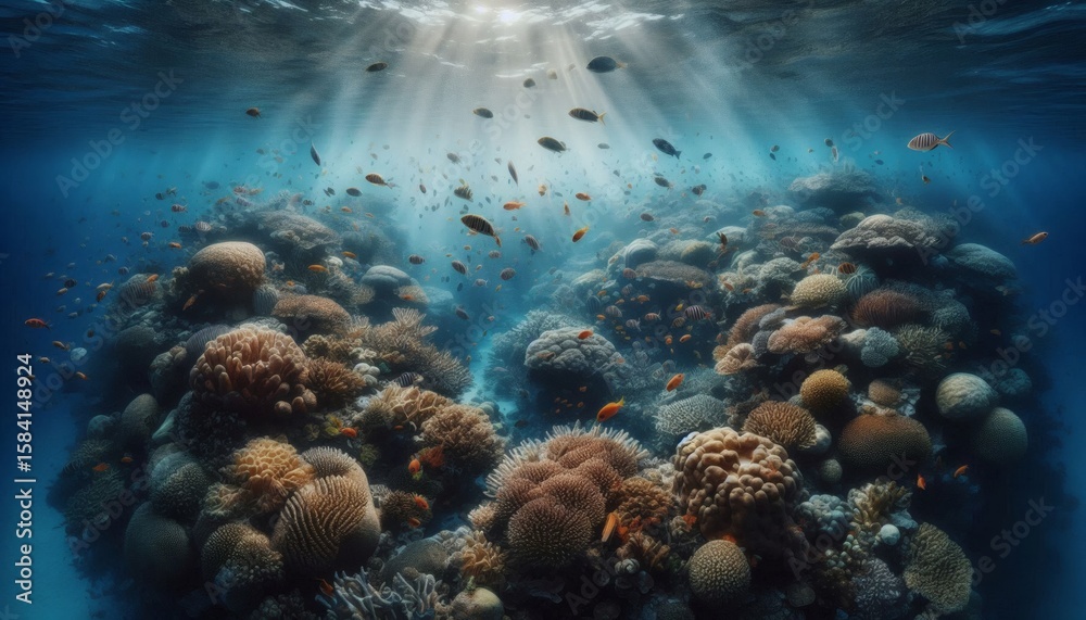 Obraz premium Underwater Coral Reef Landscape with Sunbeams and Fish