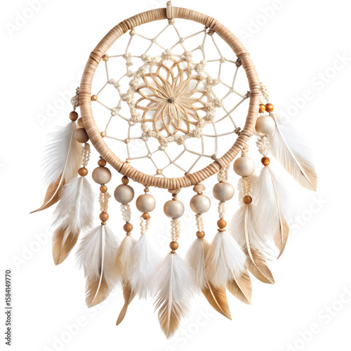 Boho Beaded Dreamcatcher: A circular dreamcatcher with white and beige feathers, wooden beads, and macrame details in boho style, PNG format