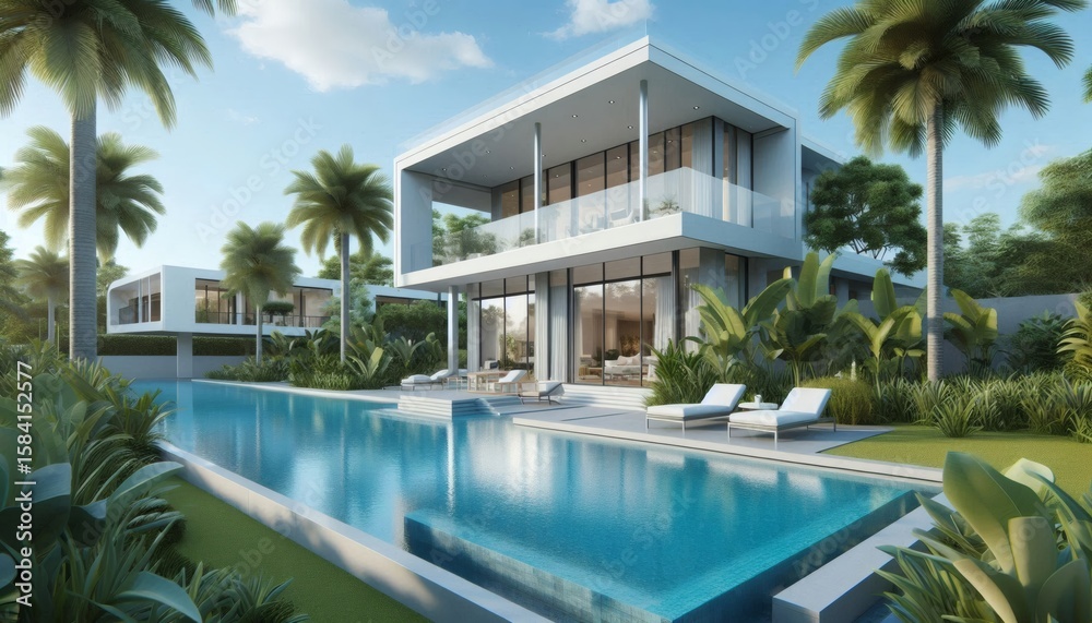 Fototapeta premium Luxury Modern Villa with Pool and Palm Trees
