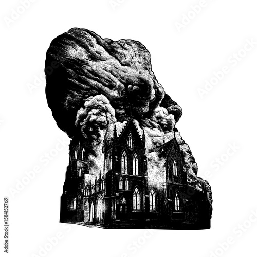 A haunting black and white illustration of a Gothic cathedral engulfed in massive, surreal smoke clouds. The dramatic shading and stippling technique create a dark and mysterious atmosphere