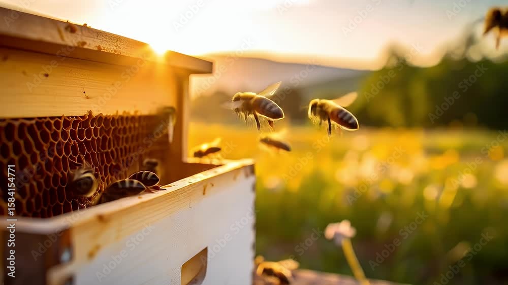 Honeybees in a beehive at sunset Honeybees in a beehive at sunset