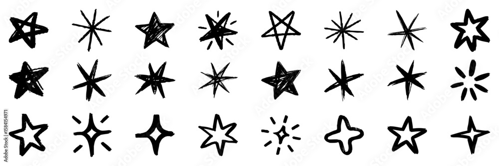 Fototapeta premium hand drawn stars and sparkles set. Grunge brush stroke stars. doodled sparks collection. shine element pack for collage, poster, sticker, label. Vector